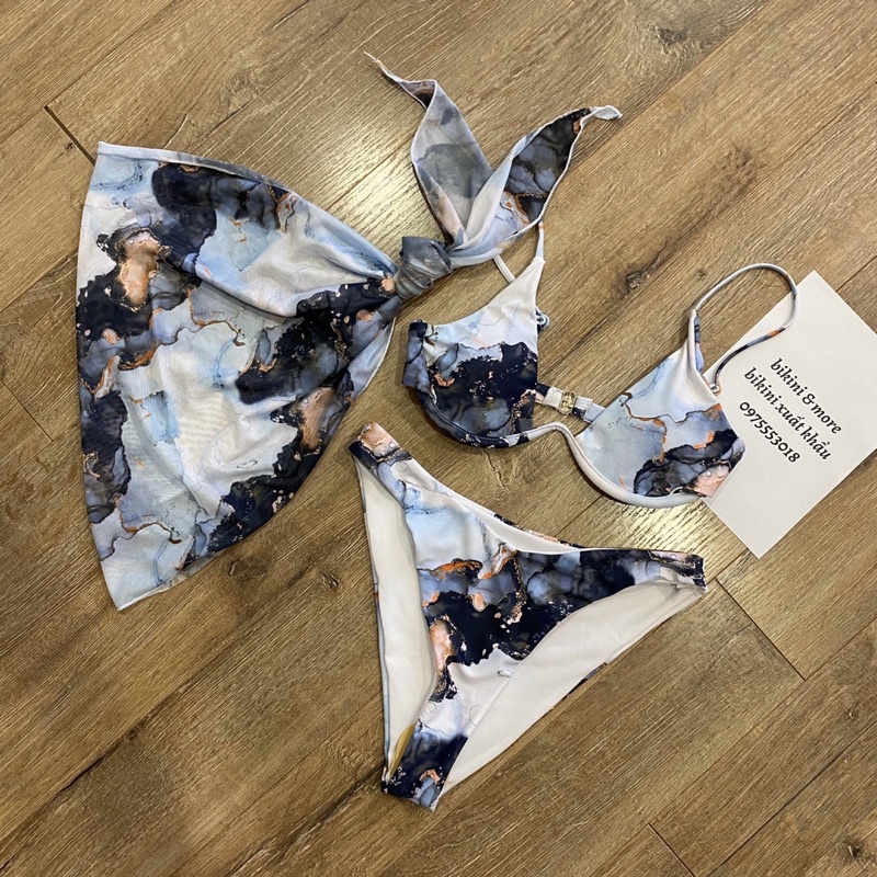 [BKN981] &lt;ÂU&gt; SET BIKINI 3 MÓN HỒNG LOANG/XANH LOANG KÈM KHĂN HÔNG (CÓ GỌNG)
