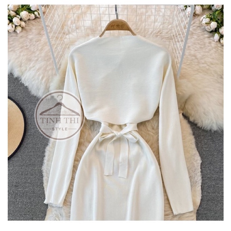 Đầm len body dây chéo cổ yếm dây, set đầm len yếm kèm khoác phối
