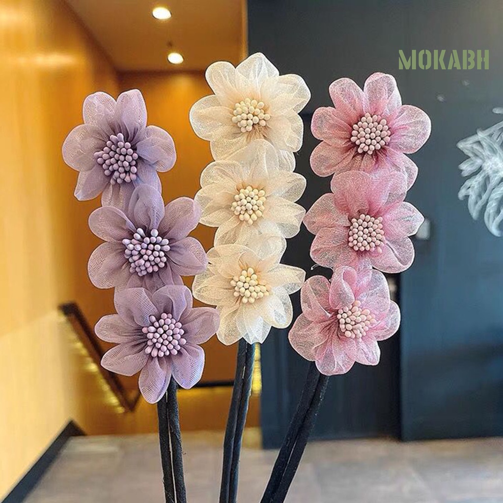 [mokabh] Kẹp Tóc Ba Bông Hoa Trang Trí Đầu Tròn Lưới Nụ Nụ Hoa Trang Sức