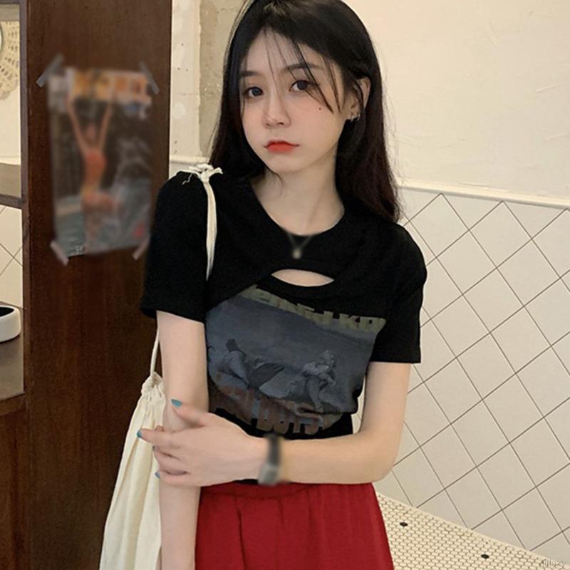 Áo thun croptop tay ngắn thiết kế khoét lỗ độc đáo phong cách Hàn Quốc thời trang mùa hè cho nữ