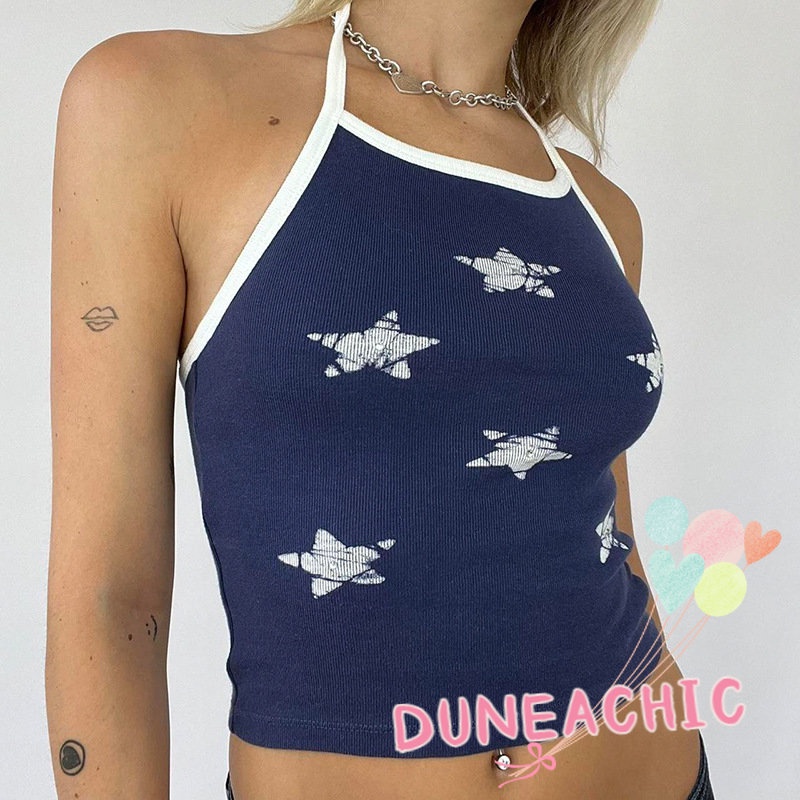 DUNEA Áo Croptop Hai Dây Hở Lưng In Hình Ngôi Sao Thời Trang Cho Nữ