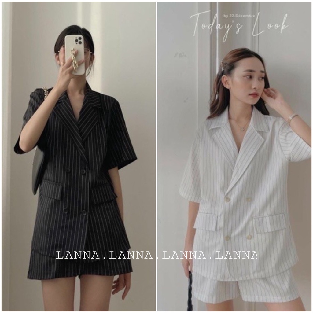 Set blazer kẻ sọc dọc kèm quần short dáng rộng, set vest sọc basic
