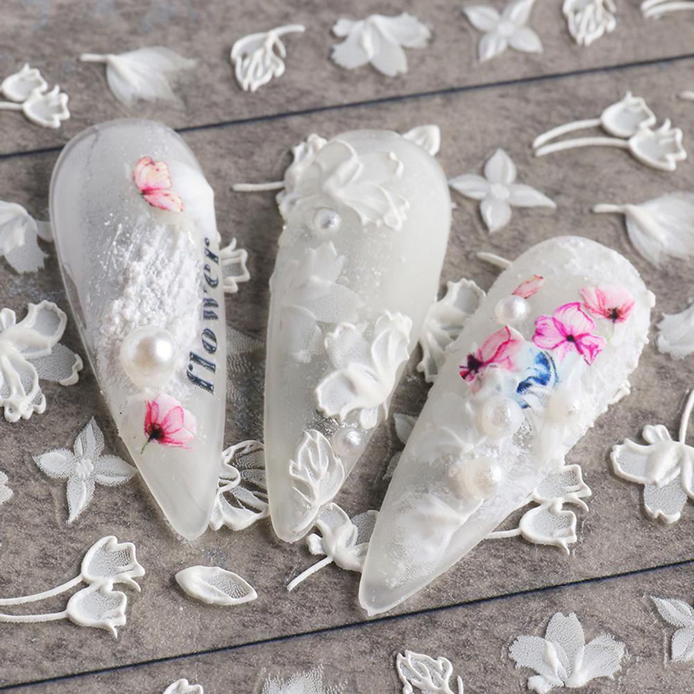 Hình Dán Trang Trí Móng Tay Họa Tiết Hoa Trắng Đen Bằng Acrylic