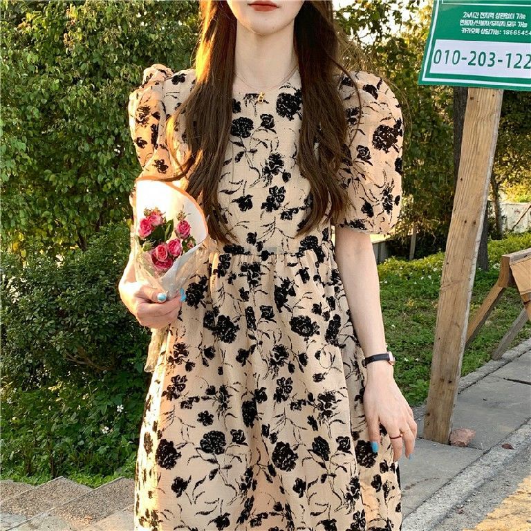 Đầm Dài Tay Phồng In Họa Tiết Hoa Phong Cách Hàn Quốc Cổ Điển Dành Cho Nữ