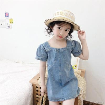 Đầm Denim Tay Phồng Cổ Vuông Thời Trang Mùa Hè Hàn Quốc Cho Bé Gái