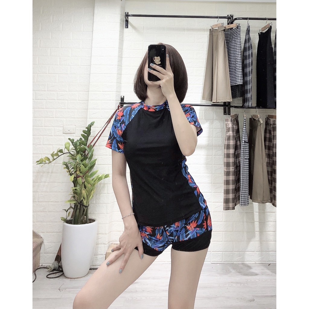 Bikini đồ bơi cộc tay kín bụng họa tiết hoa lá quần đùi mặc đi biển đi bơi đẹp