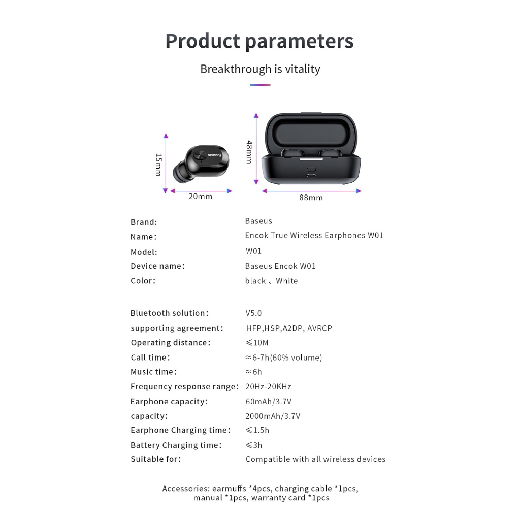 Tai nghe Bluetooth không dây Baseus w01 TWS kèm mic dành cho iPhone X XS Max p30