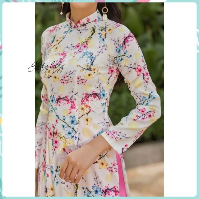 Áo Dài Truyền Thống Nữ Cổ Cao Vải Gấm Màu Trắng In Hoa Mai Đào - Áo Dài Tết Họa Tiết Đẹp, , Đường May Tinh Tế, Giftylady | BigBuy360 - bigbuy360.vn
