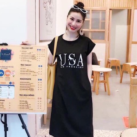 Đầm suông in chữ u..s.a chất cotton