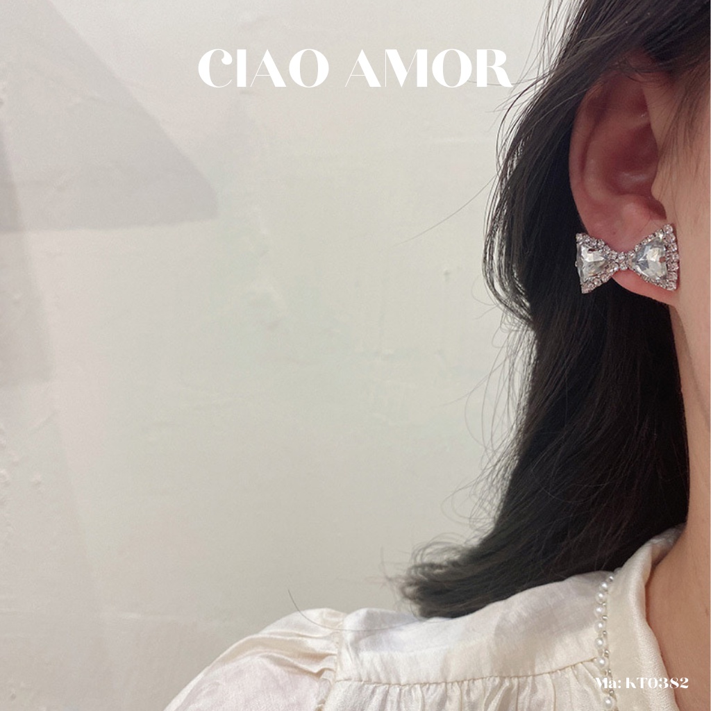 Khuyên tai nữ, Bông tai nữ bạc 925 nơ bạc đính đá to dây xuống sang trọng lấp lánh Trang sức Ciao Amor - KT0382