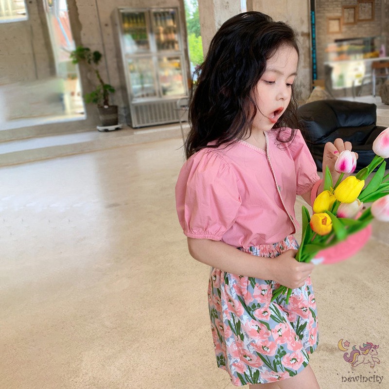 Bộ Áo Tay Phồng + Quần Short In Hoa Thời Trang Mùa Hè Hàn Quốc Cho Bé Gái