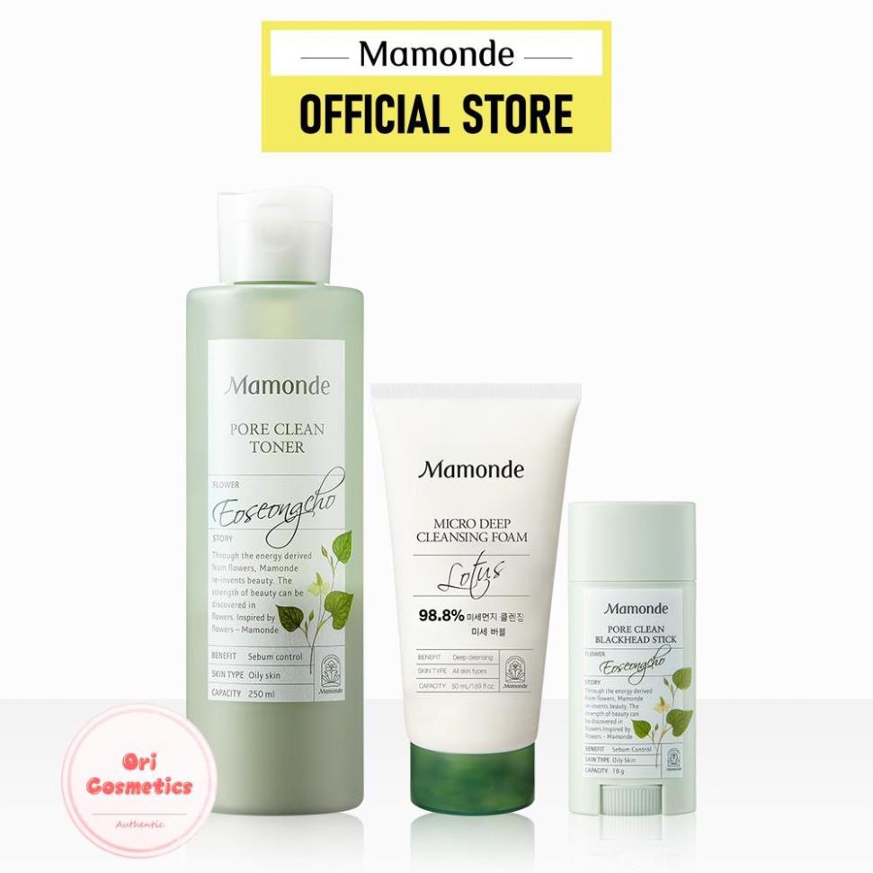 Bộ làm sạch & giảm bã nhờn, ngừa mụn đầu đen Mamonde Pore Clean Toner 250ml + Pore Clean Stick 18g + Sữa rửa mặt 50ml