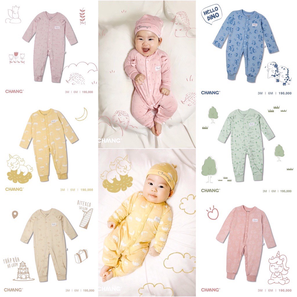 Body dài sơ sinh CHAANG vải cotton mỏng mát thấm hút mồ hôi cho bé ( KHÔNG KÈM MŨ TAY CHÂN )