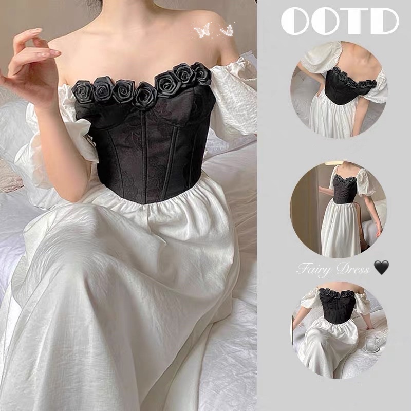 Đầm công chúa cổ tích Pháp trễ vai đính hoa hồng đen huyền bí