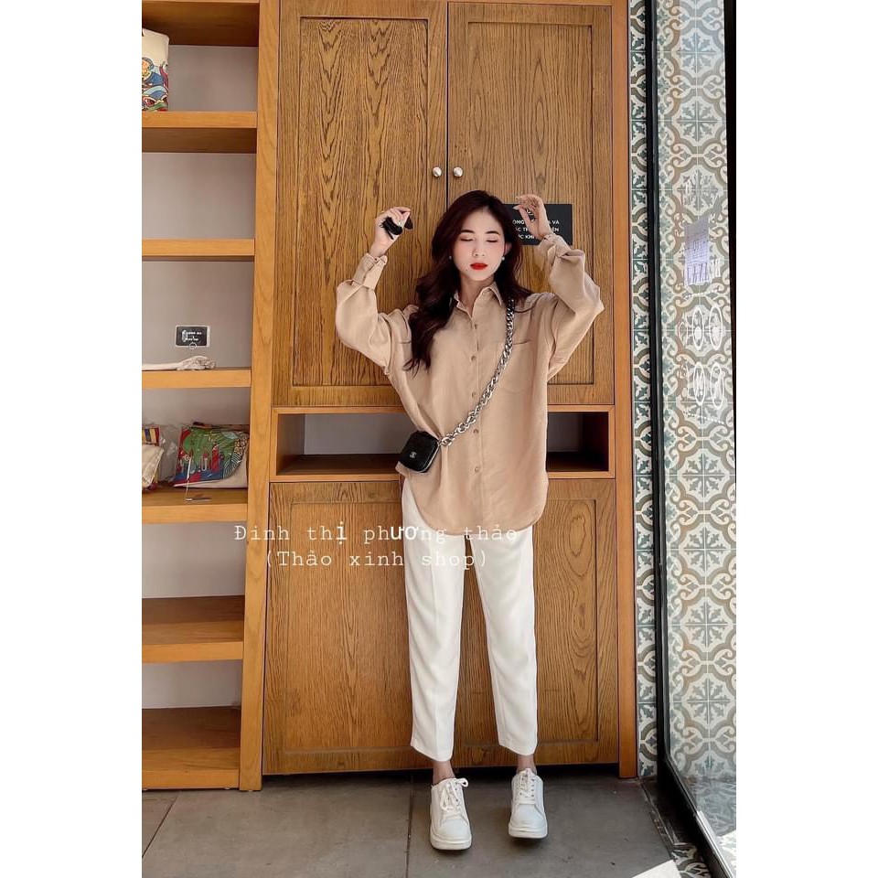 Set Áo Sơ Mi Dài Tay + Quần Culottes Ống Suông 🎁 Nana's House - FREESHIP 🎁 Bộ quần suông màu trắng basic và áo sơ mi