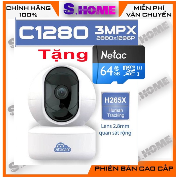 Camera Wifi đàm thoại IP Vitacam C1280 Pro 3MP, tặng kèm thẻ nhớ- Chip Hisilicon- Chính hãng