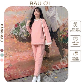Bộ bầu mặc nhà kết hợp sau sinh nỉ da cá ren cổ