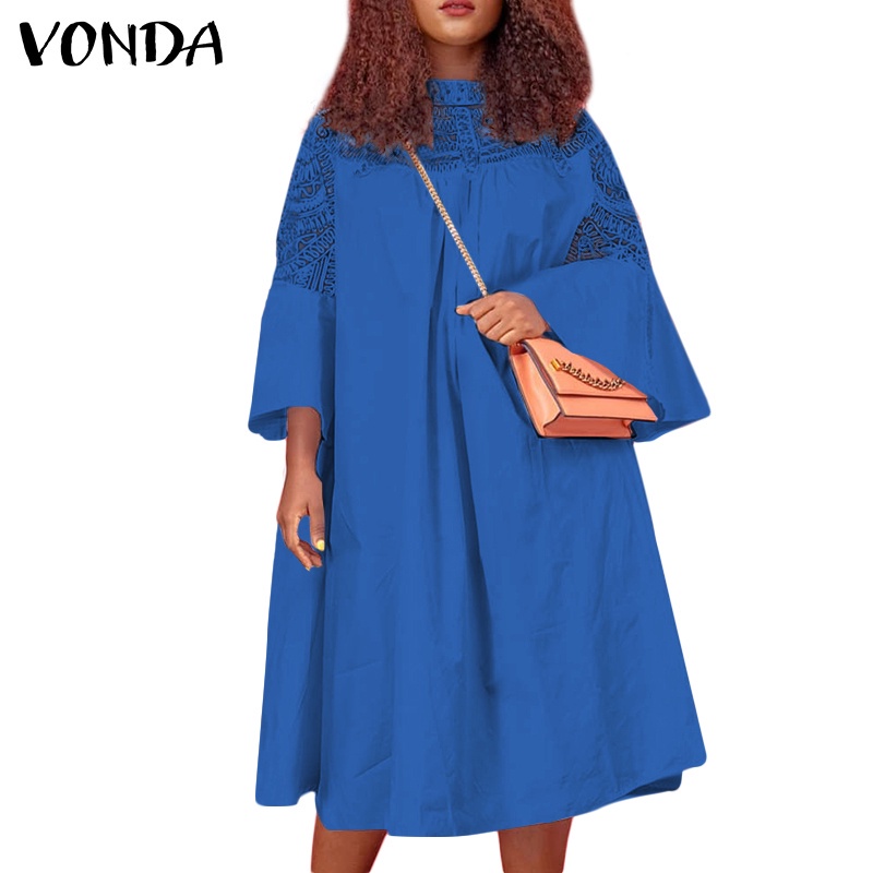 Đầm ngắn VONDA cho nữ màu trơn tay 3/4 xếp li phối ren