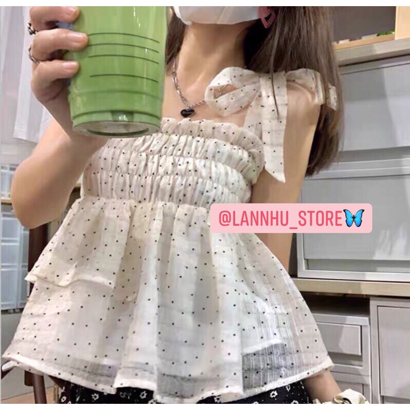 Áo 2 dây babydol buộc nơ vai bèo xoè nhún ngực siêu dễ thương