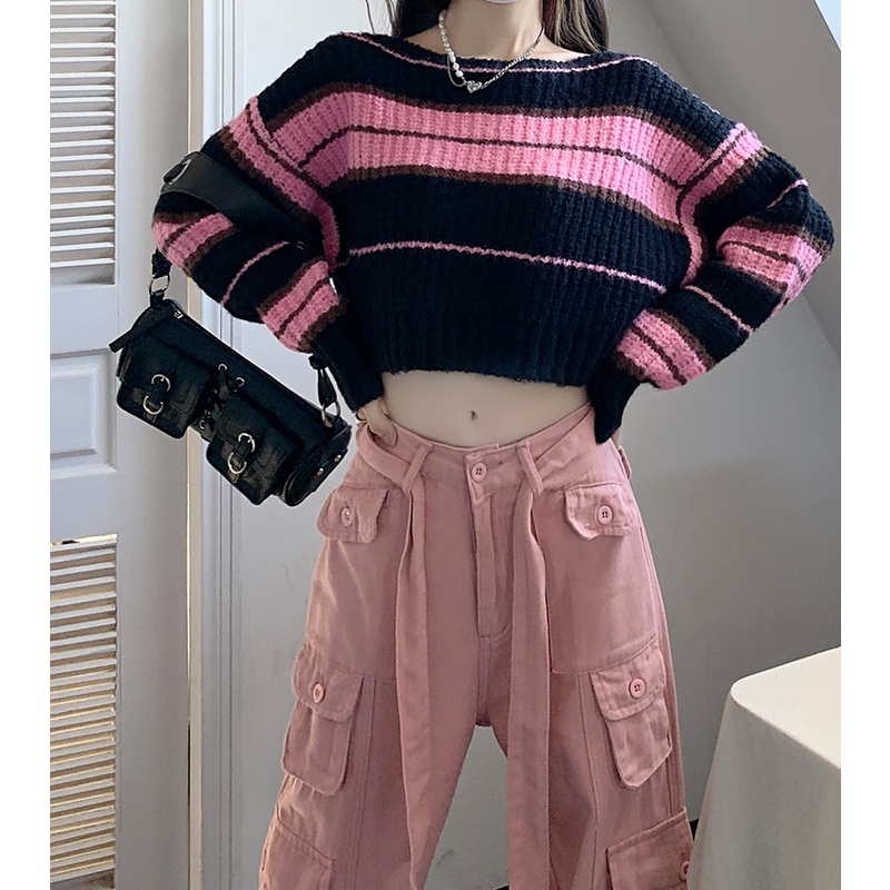 QKOOLE Áo croptop  dệt kim tay dài hoạ tiết kẻ sọc phong cách Hàn Quốc