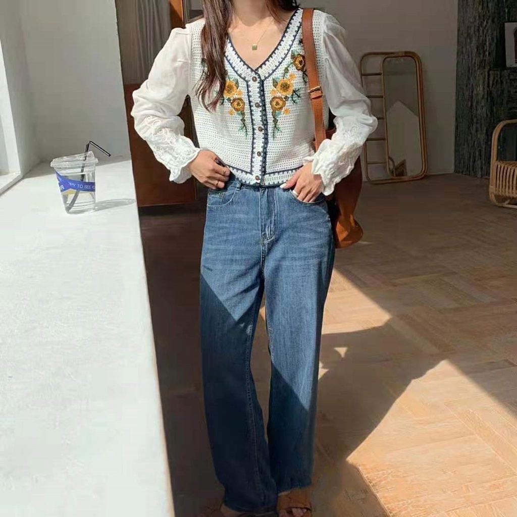 SUXI Áo Sơ Mi Dài Tay Cổ Chữ V Thêu Trang Trí Phong Cách Retro Thời Trang Mùa Thu Dành Cho Nữ