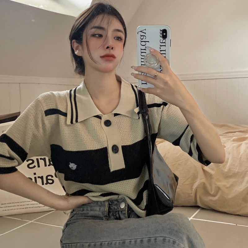 Áo Thun Polo Dệt Kim Tay Ngắn Dáng Rộng Kẻ Sọc Ngang Trẻ Trung Hợp Thời Trang