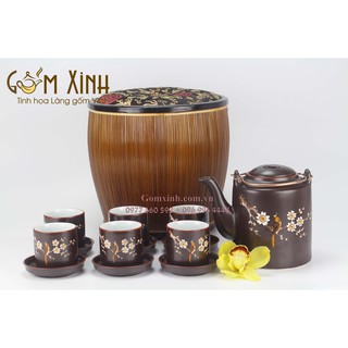 Bao ủ_giỏ ủ ấm kèm Bộ ấm tích Bát Tràng 1 lít khắc vẽ hoa đào