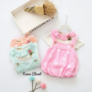Sale set yếm & áo phông hồng bi