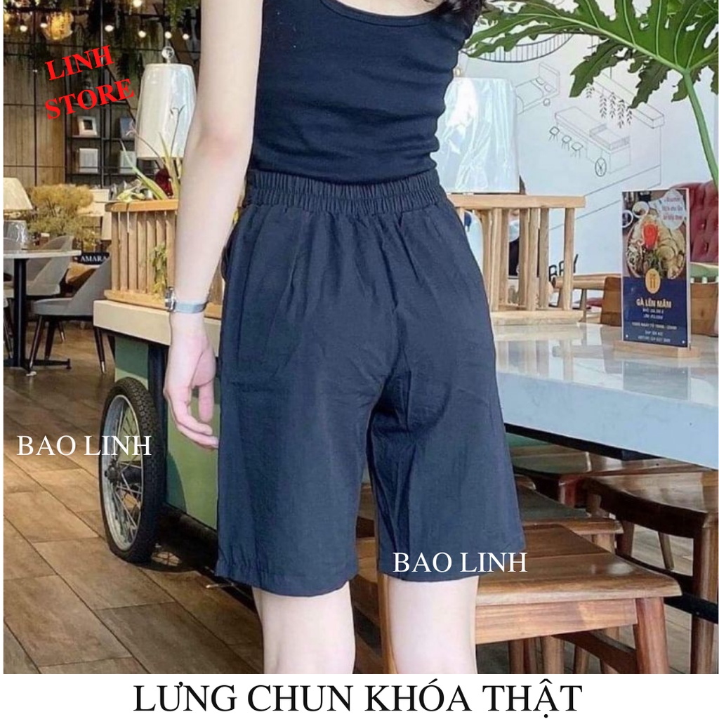 Quần Đùi Nữ Lưng Cao LINH STORE Bigsize Ống Rộng Lưng Chun Khóa Thật Chất Liệu Đũi Xước