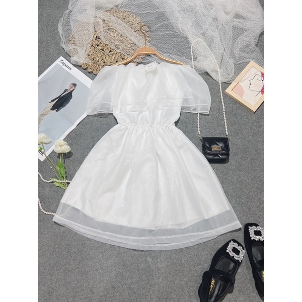 Đầm Bánh Bèo Trễ Vai Phồng Chất Tơ Óng Mẫu Mới, Trễ Vai Bánh Bèo 2 Tầng Bèo Tiểu Thư Chan House