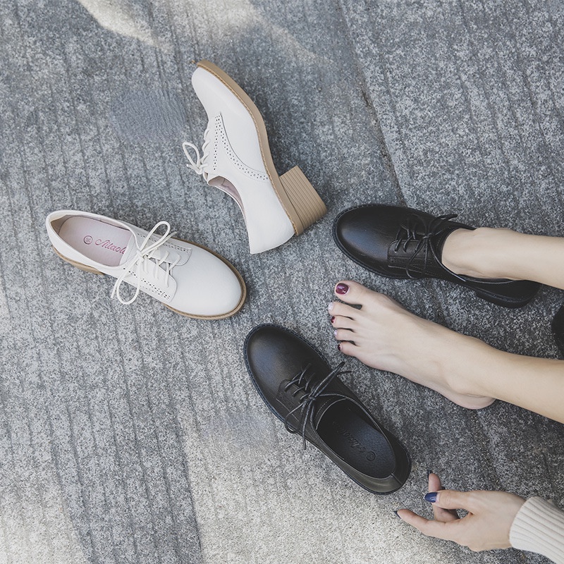 Giày Da Oxford Cột Dây Mũi Tròn Phong Cách Retro Anh Quốc