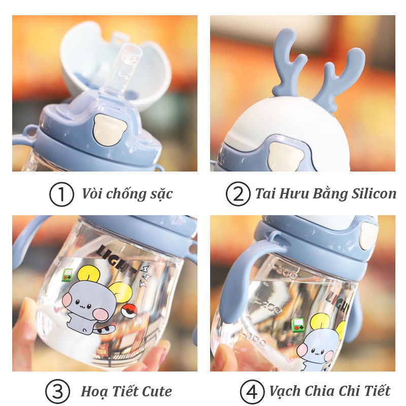 Bình tập uống nước cho bé có ống hút silicon mềm bình hút nước cho bé sừng hưu có dây đeo cute B5