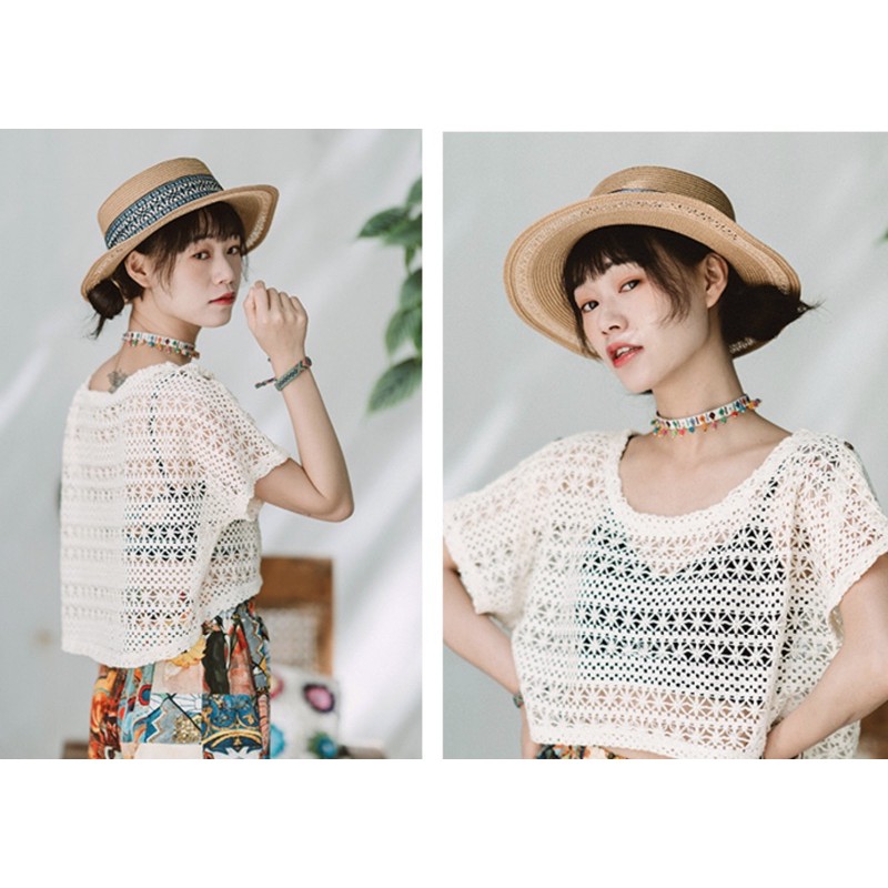 Mũ ngắn vành bohochic hoạ tiết độc đáo phụ kiện du lịch vintage