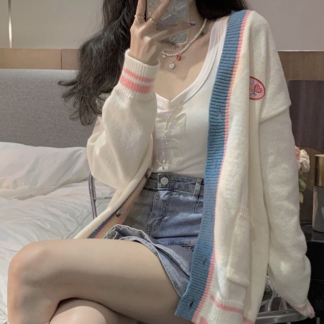 Áo khoác len Cardigan cổ chữ V dáng rộng màu cầu vồng thời trang thu đông Hàn Quốc cho nữ