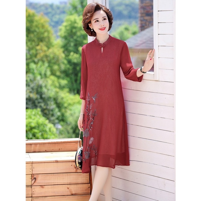 Đầm Trung Niên D395, Mẫu Đầm Cho Mẹ Trung Niên Chất Chiffon Form Rộng Tay Lỡ Sang Trọng | Thời Trang Trung Niên U50+