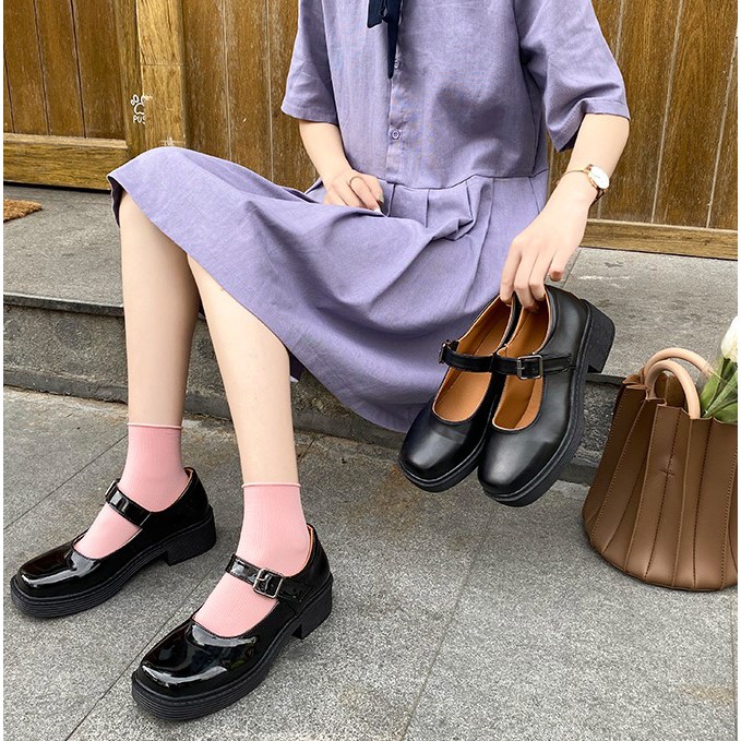 G49_GIÀY đế vuông cao gót Mary Jane mũi tròn