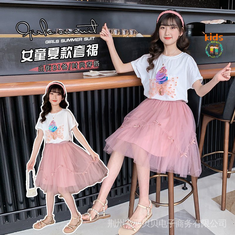 Bộ Áo Thun Cotton + Chân Váy Thời Trang Mùa Hè Kiểu Mới 2022 Cho Bé 3-5-8-10-12-13-15 Tuổi