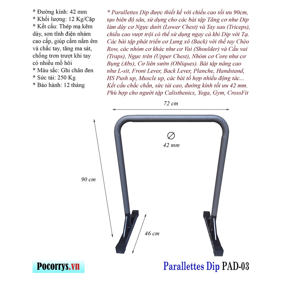 Xà kép Parallettes Dip cao 90cm, Pocorrys PAD-03, Màu ghi chân đen