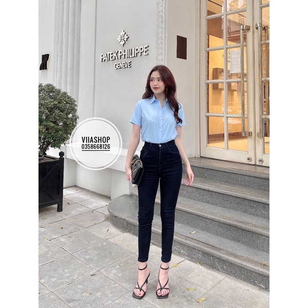 Sơ mi công sở nữ ngắn tay màu xanh