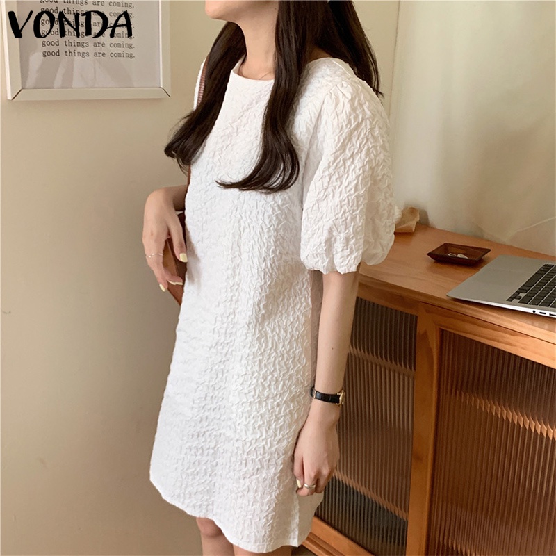 Đầm lửng VONDA tay ngắn cổ tròn phong cách Hàn Quốc thời trang mùa hè sành điệu dành cho nữ
