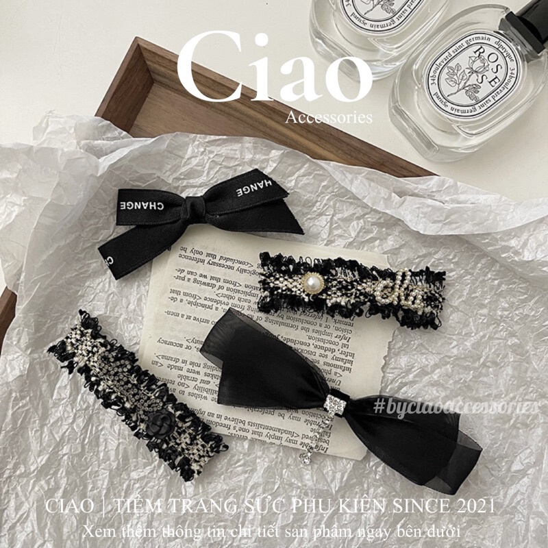 [HOẢ TỐC 1H] Kẹp tóc/ Phụ kiện tóc vải tweed đính charm mã gam đen 22 sang trọng Ciao accessories