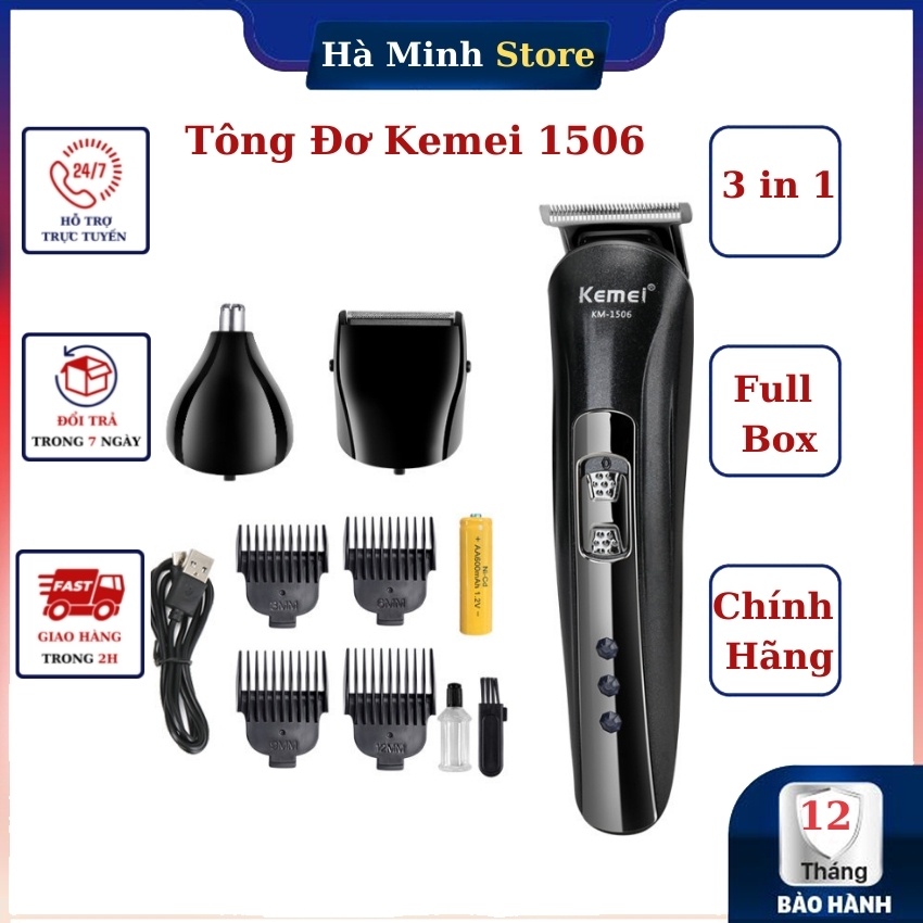 [Hàng Chính Hàng] Tông Đơ Hớt Tóc Kemei 1506 3 Trong 1 Kiêm Cạo Râu, Tỉa Lông Mũi - Tăng Đơ Cắt Tóc Cho Bé