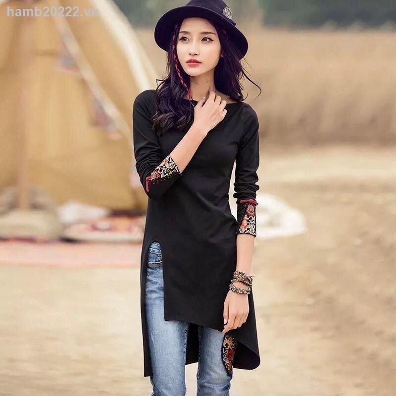 Áo Thun Tay Dài Thêu Họa Tiết Thổ Cẩm Thời Trang Dành Cho Nữ
