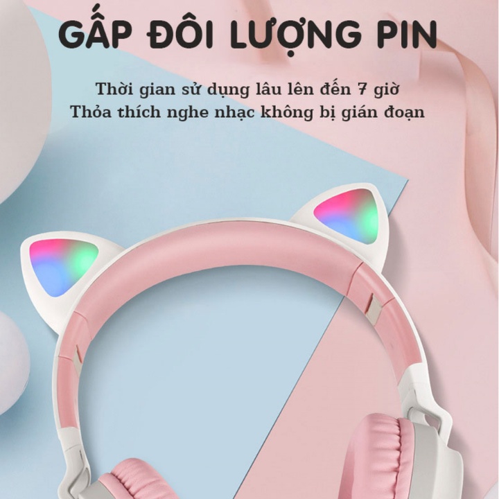 Tai Nghe Mèo Bluetooth, Headphone Tai Mèo Dễ Thương Có Mic,Âm Bass Mạnh Mẽ Và Dung Lượng Pin Khủng 400mAh BH 12 Tháng