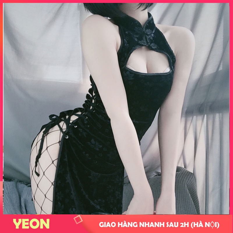 Cosplay Sườn Xám - Bộ đồ cosplay sườn xám nhung hở vai sexy gợi cảm - Set sườn xám thêu hoạ tiết | BigBuy360 - bigbuy360.vn