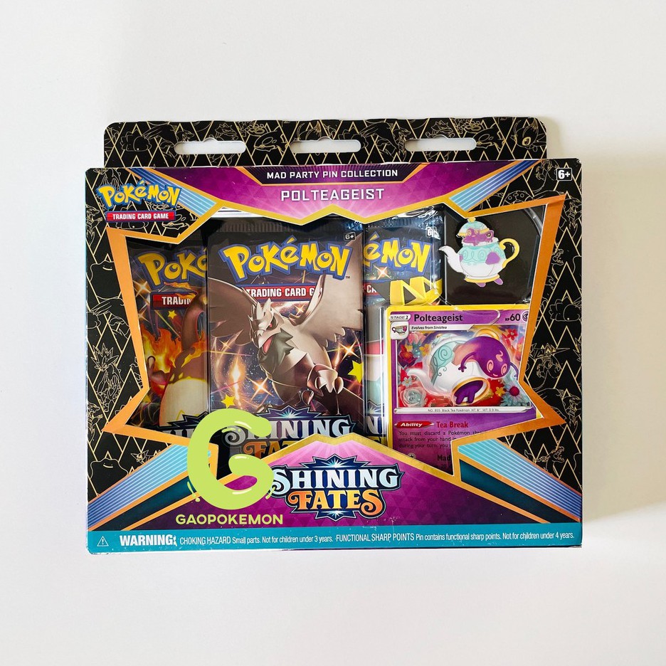 Hộp 3 gói thẻ bài Pokemon TCG Shining Fates Mad Party Pin Collection kèm thẻ Promo POLTEAGEIST chính hãng