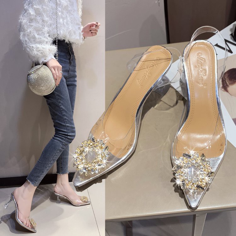Giày big size nữ cao gót trong suốt gót 7cm đính đá sang chảnh
