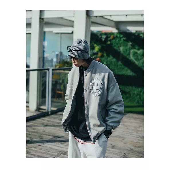 ÁO KHOÁC BOMBER PHỐI TAY DA NAM  NỮ T-A-N FORM RỘNG VAI SỆ-AKD7-Vải Dạ phối Tay Da cực ngầu hình thêu màu xám