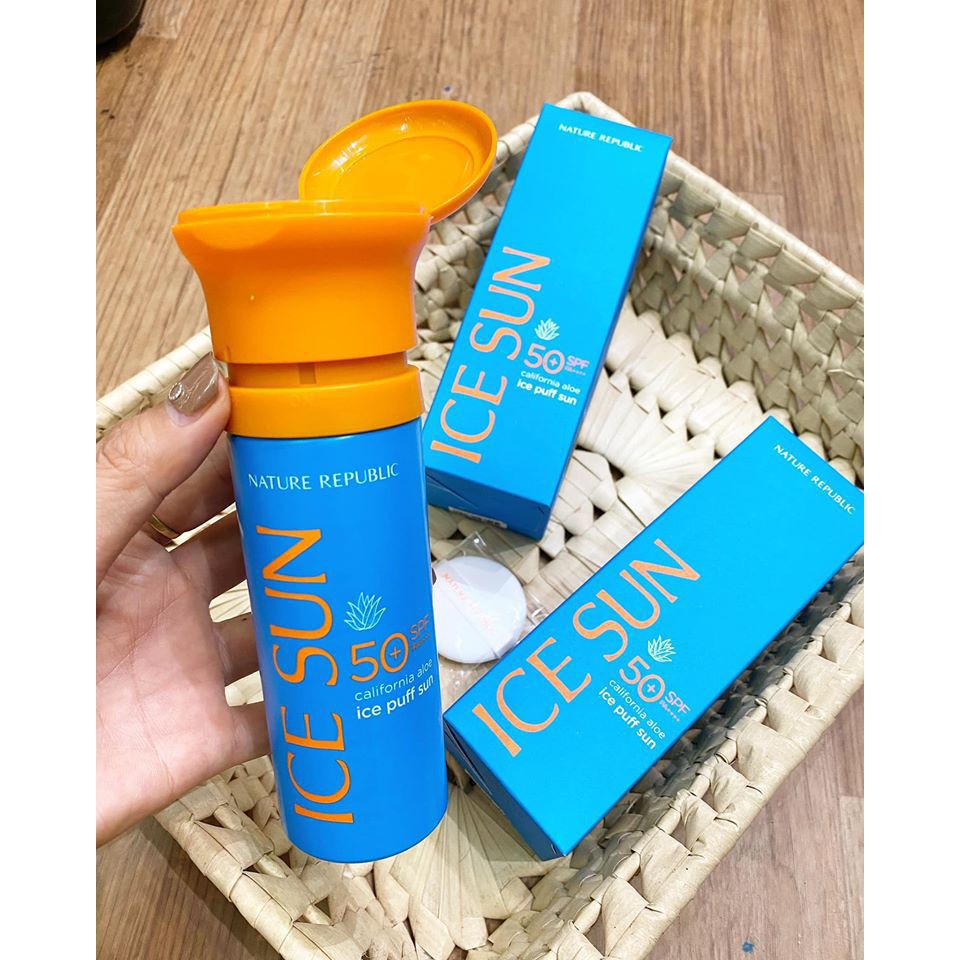 Kem Chống Nắng💖FREESHIP💖Kem Chống Nắng Giảm Nhiệt, Bật Tông Da Nature Republic California Aloe Ice Puff Sun SPF50+ PA+ 5