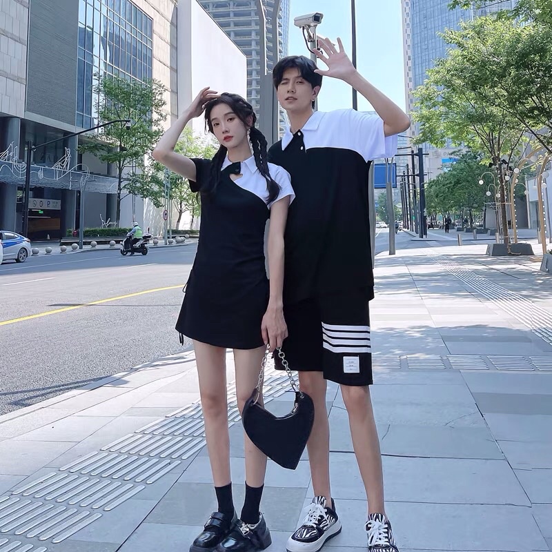 Sét đồ đôi nam và nữ váy ngắn và áo polo 2 màu đen trắng kết hợp